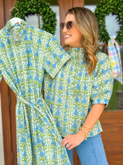 Blue Vintage Vine Ruffle Collar Blouse