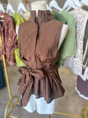 Brown Tailored to Simplicity Tie Waist Sleeveless Top