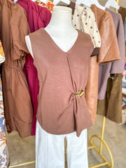 Brown Gathered & Gold V-Neck Top