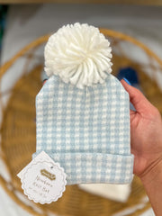 Baby Boy Blue Gingham Hat W/ White Pompom