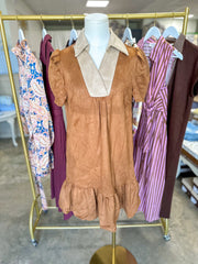 Camel Vinyard Stroll Ruffle Suede Mini Dress