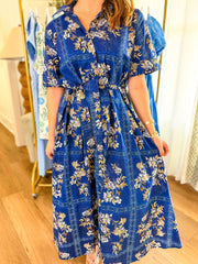 Charming In Blue Floral Tie Waist Midi Dress