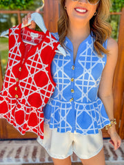 Blue Delicate Lines Gold Button Peplum Top