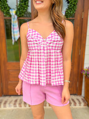 Candy Pink Summer Gingham Peplum Tank Top