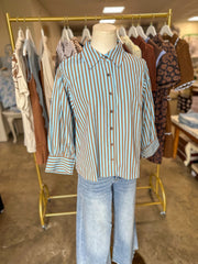 Blue & Camel Harvest House Striped Button Down Top