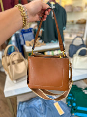 Brown Corinna Bucket Bag W/ Two-Tone Canvas Strap