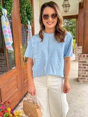 Blue Butterfly Wing Embroidered Short Sleeve Top