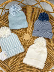 Baby Boy Navy Striped Hat W/ Navy Pompom