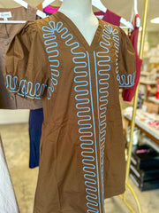 Brown/Blue Curved Stitch Mini Dress