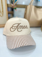 Amen Tan W/ Brown Seersucker Gingham Trim Trucker Hat