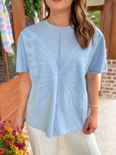 Blue Butterfly Wing Embroidered Short Sleeve Top