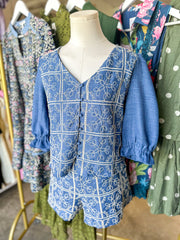 Blue & Ivory Graceful Threads Embroidered Shorts Set