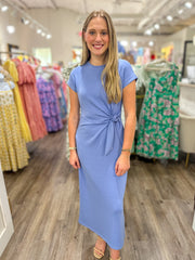 Chambray Blue Graceful & Gathered Knot Midi Dress