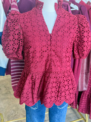 Burgundy Eloise Eyelet Peplum Top