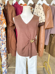 Brown Gathered & Gold V-Neck Top