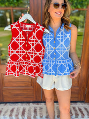 Blue Delicate Lines Gold Button Peplum Top