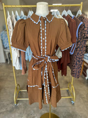 Brown Autumn Picnic Ric Rac Trim Belted Mini Dress