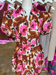 Brown & Pink Painted Petals Pleated Mini Dress