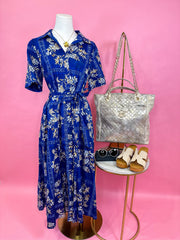 Charming In Blue Floral Tie Waist Midi Dress