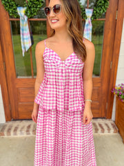 Candy Pink Gingham Midi Skirt Set