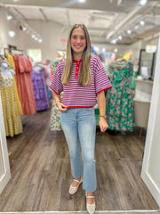 Blue & Red Striped Short Sleeve Henley Knit Top