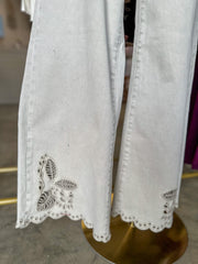 Almond Eyelet Embroidered High Rise Cropped Wide Leg Denim Jeans
