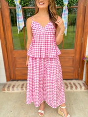 Candy Pink Gingham Midi Skirt Set