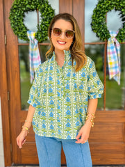 Blue Vintage Vine Ruffle Collar Blouse