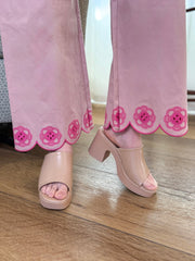 Baby Pink Sweet Steps Embroidered Hem Wide Leg Pants