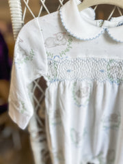 Blue Lamb Print Smocked Footie