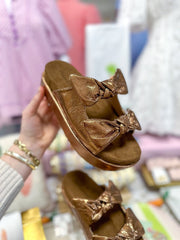 Bronze Darling Double Bow Platform Sandal
