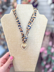 Cheetah Print Knotted Scarf Necklace W/ Pearl & Gold Heart Charm