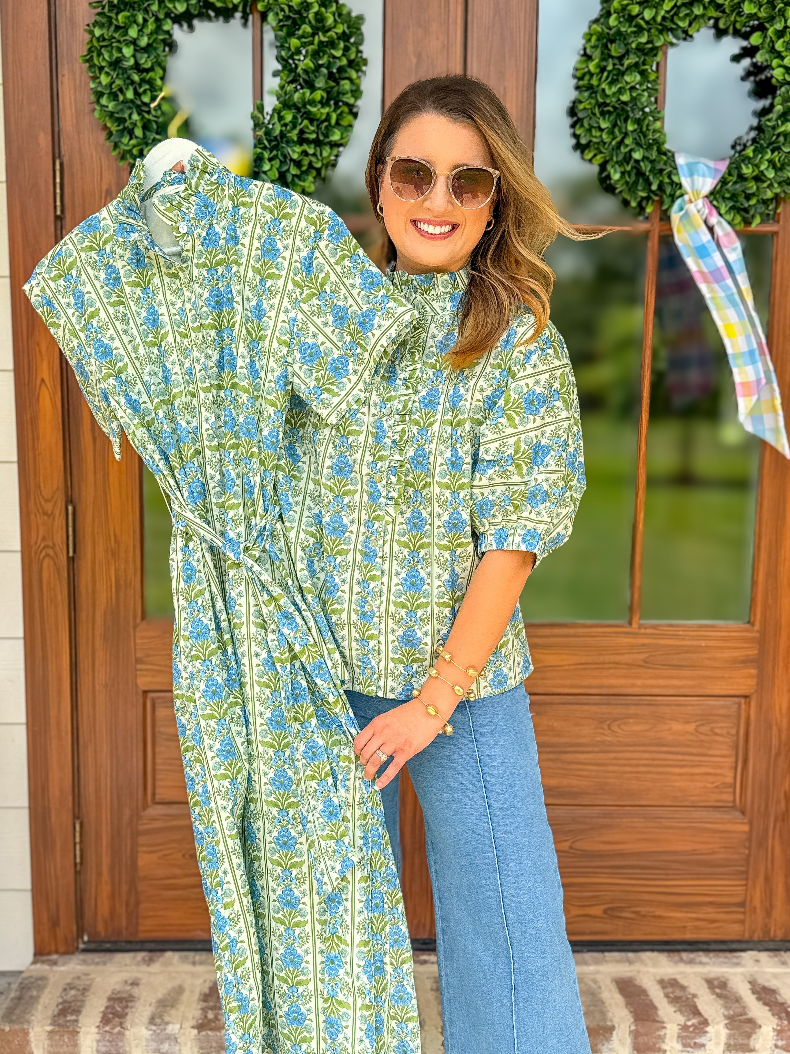 Blue Vintage Vine Ruffle Collar Blouse
