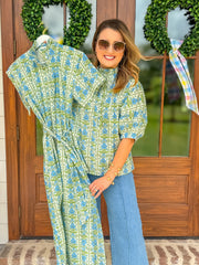 Blue Vintage Vine Ruffle Collar Blouse