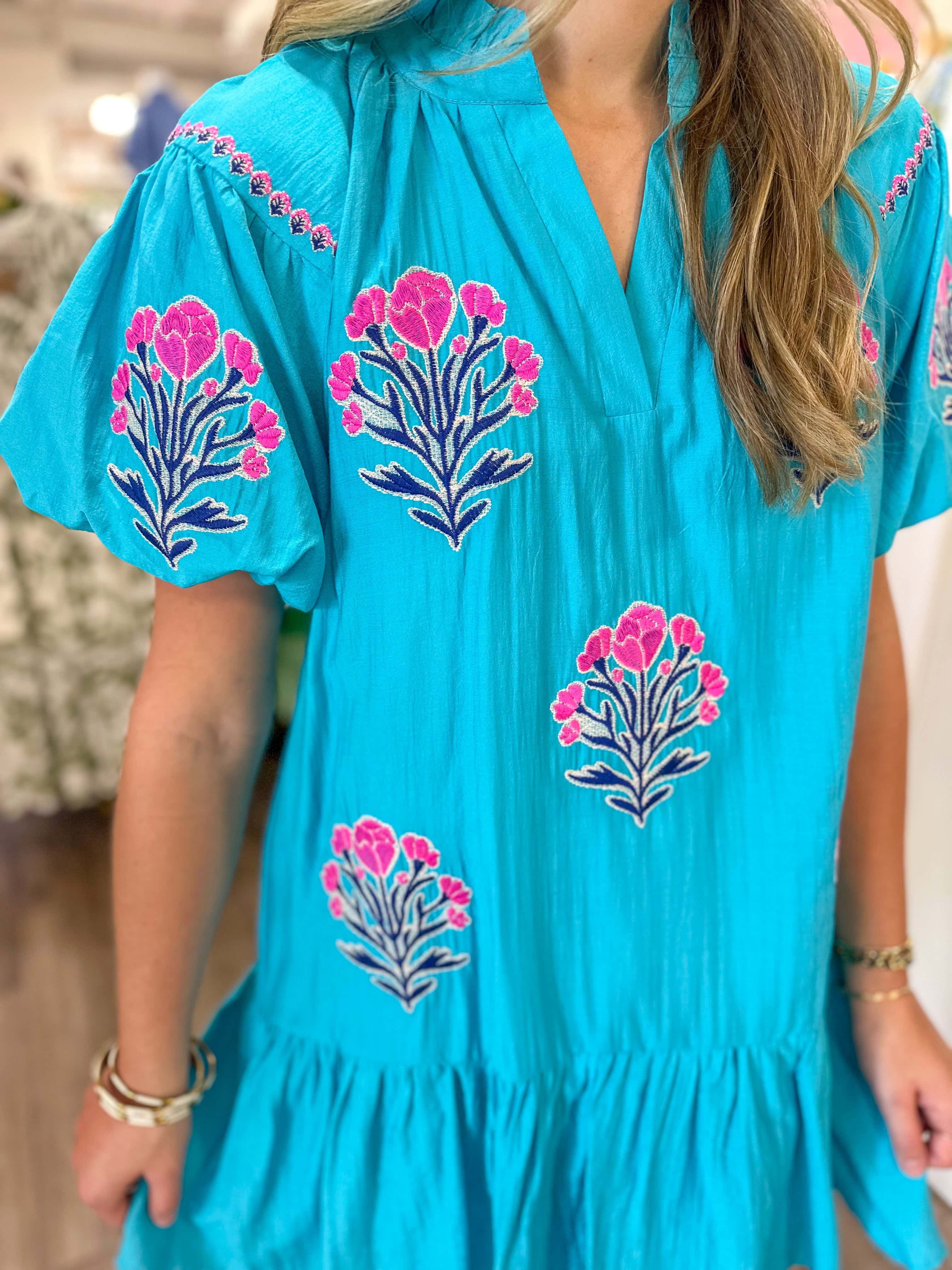 Aqua Cottage Bloom Embroidered Bubble Sleeve Mini Dress