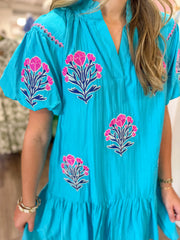 Aqua Cottage Bloom Embroidered Bubble Sleeve Mini Dress