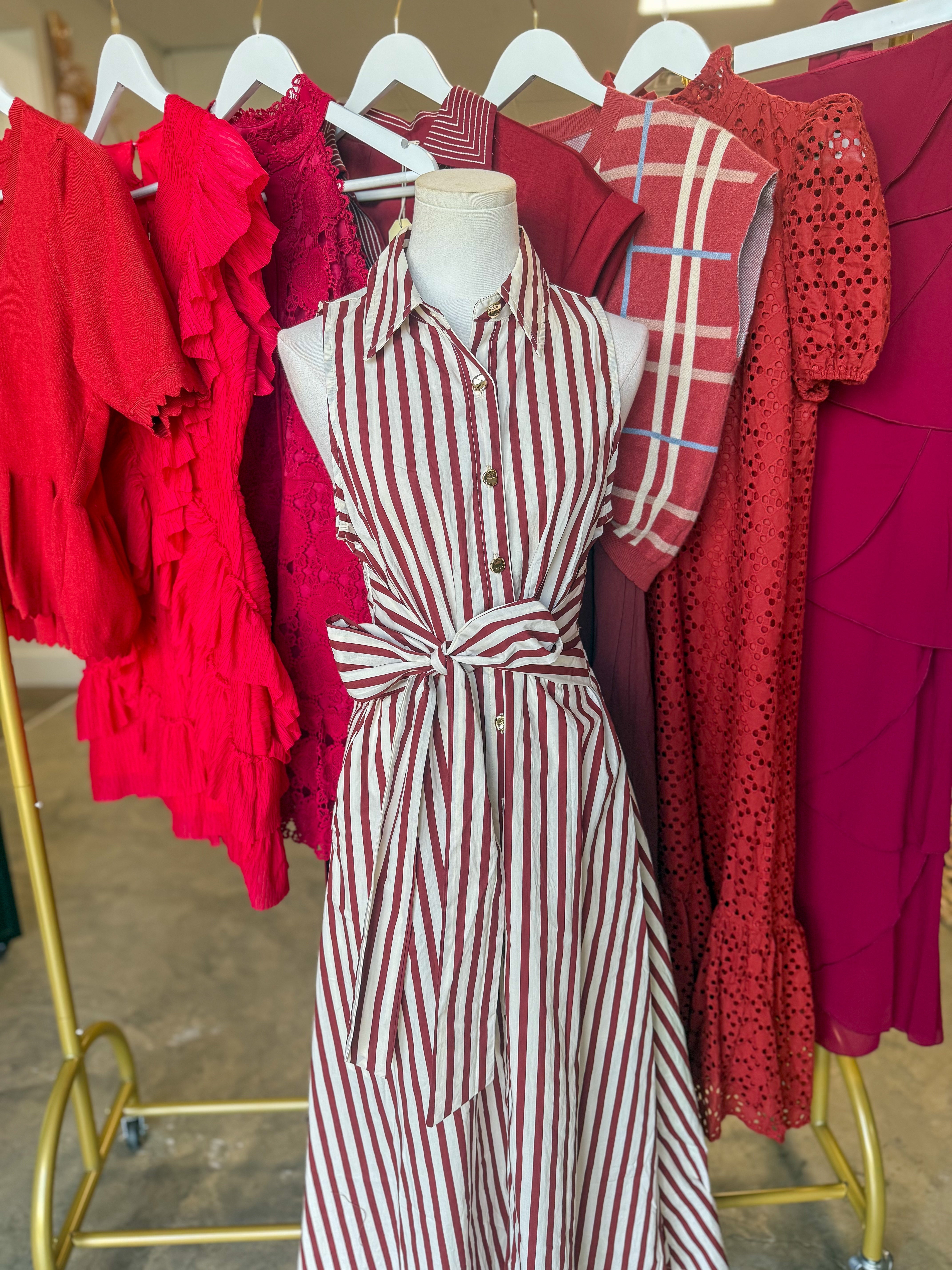 Burgundy Rowan Lane Striped Belted Maxi Dress