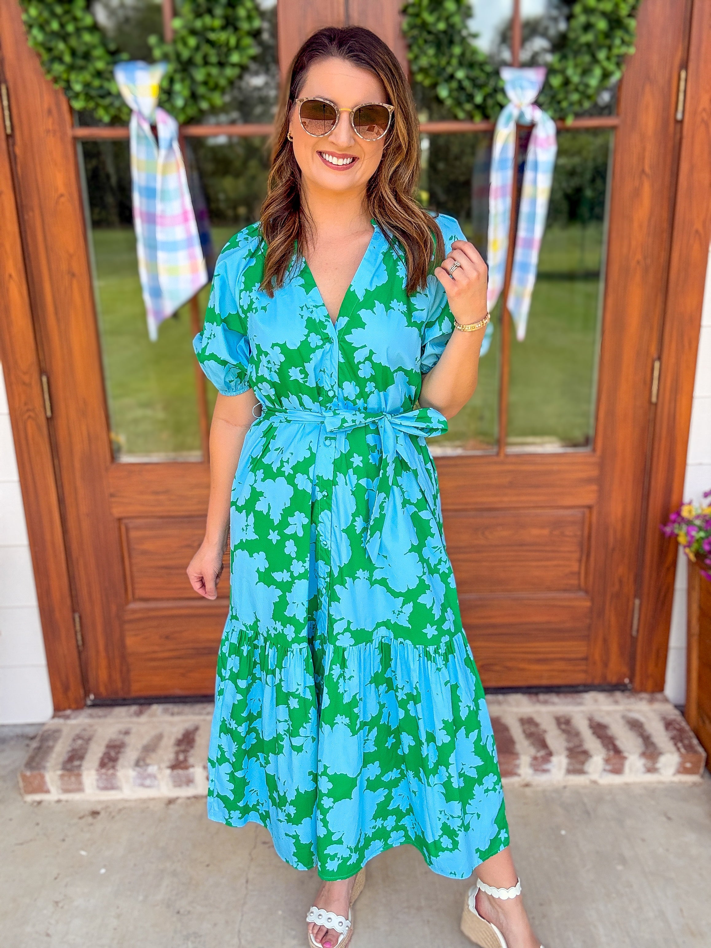 Blue & Green Riona Floral Wynette Tiered Midi Dress