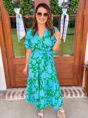 Blue & Green Riona Floral Wynette Tiered Midi Dress