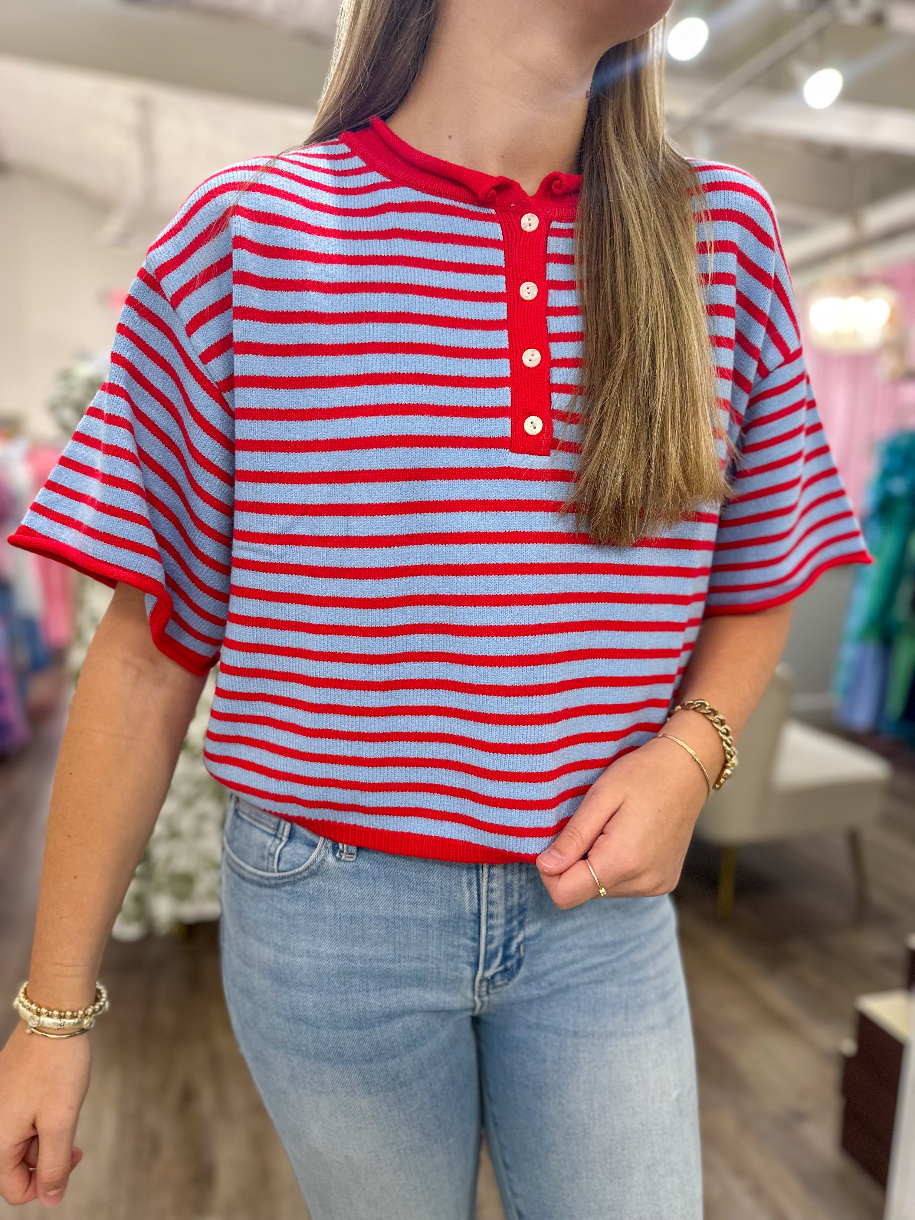 Blue & Red Striped Short Sleeve Henley Knit Top
