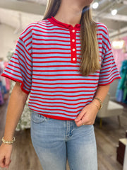 Blue & Red Striped Short Sleeve Henley Knit Top