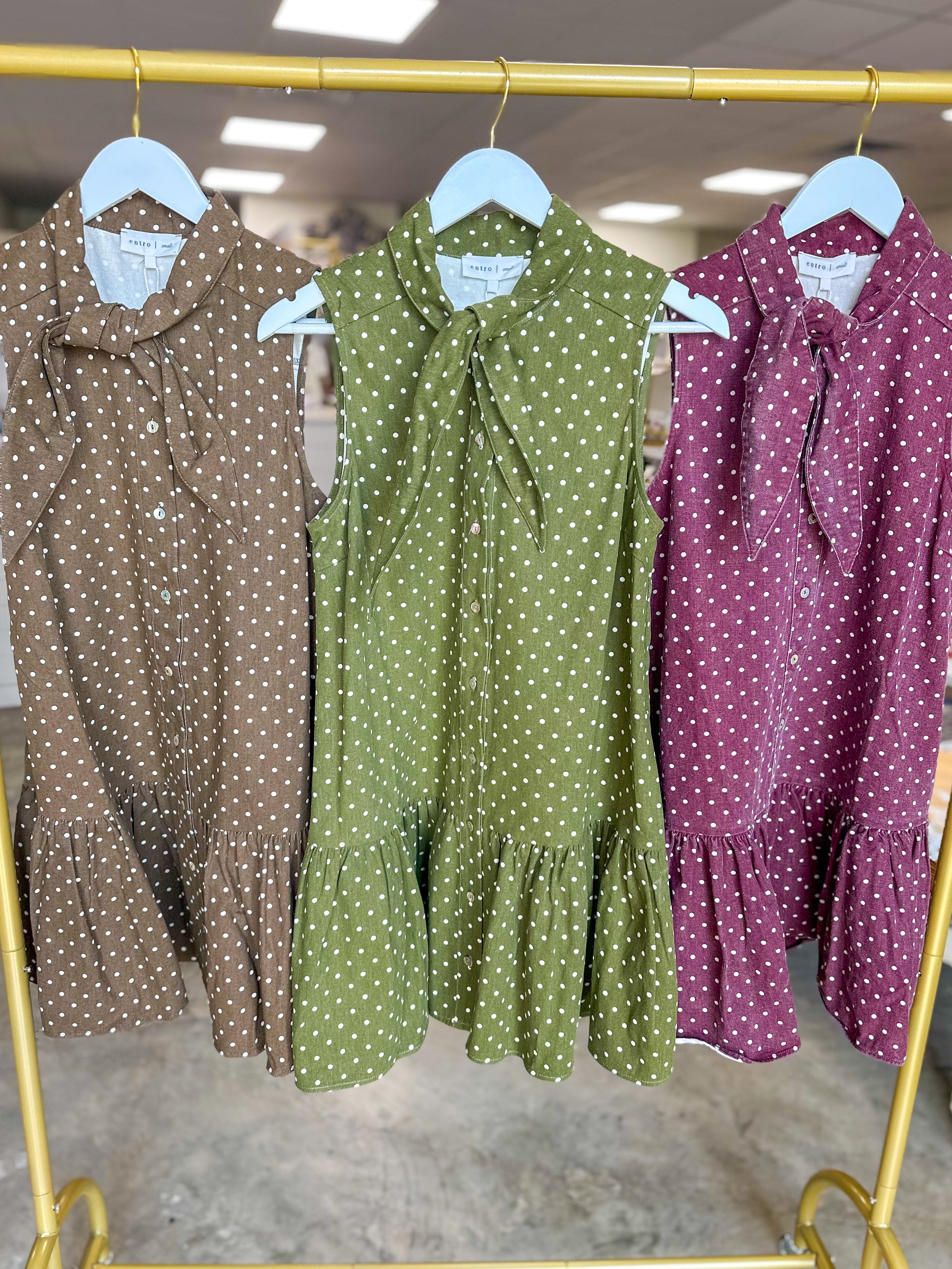 Brown Polished Polka Dots Tie Neck Mini Dress