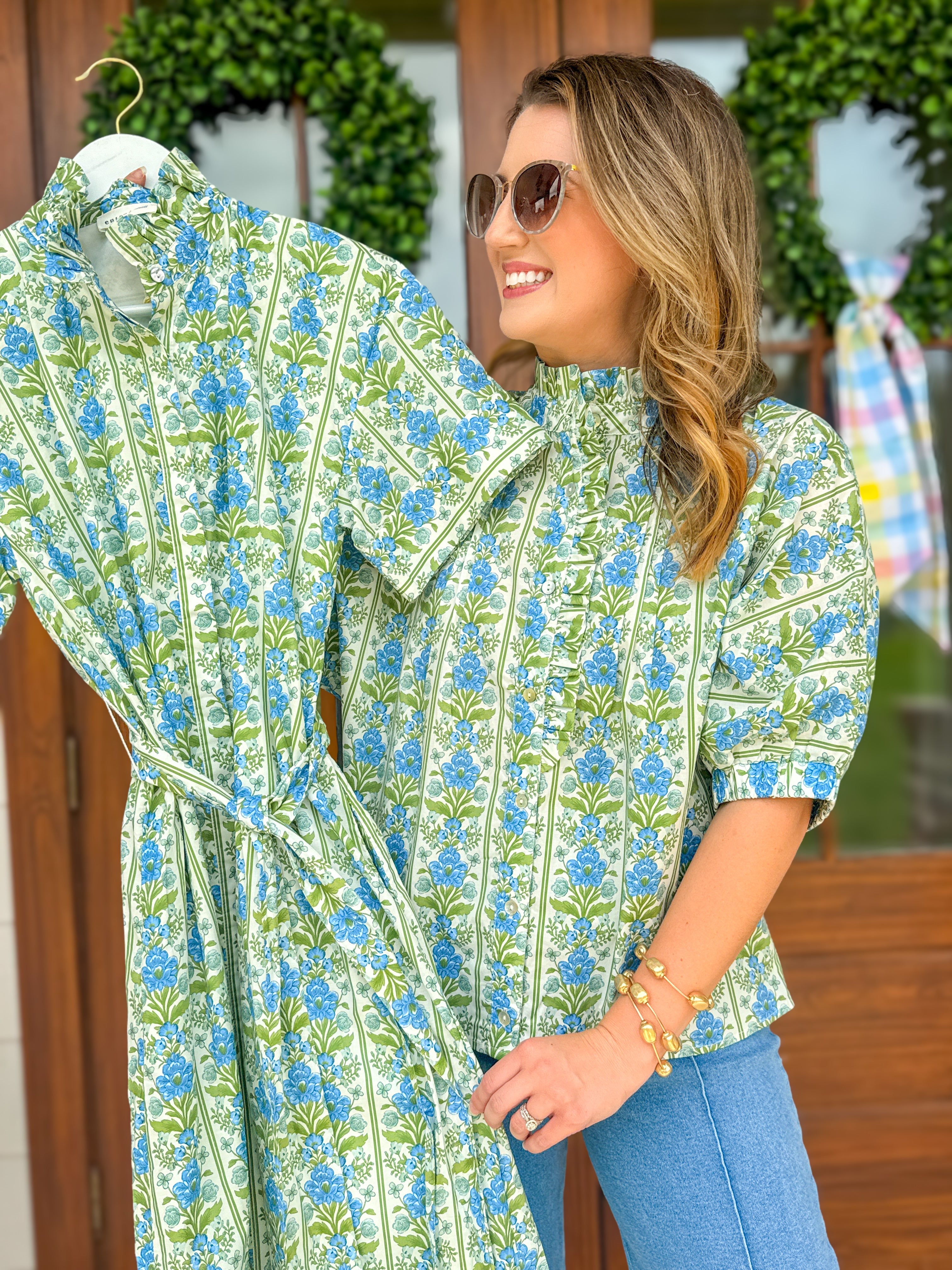 Blue Vintage Vine Ruffle Collar Blouse