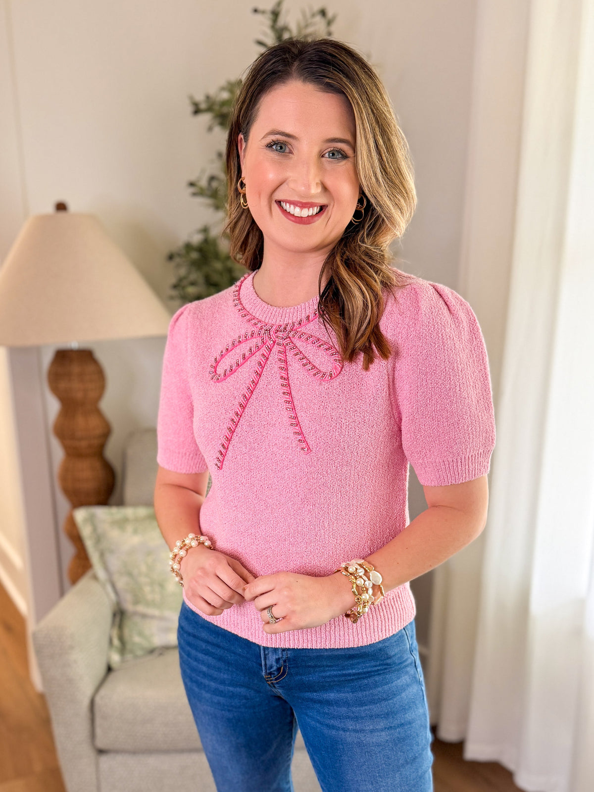 Candy Pink Glitz & Grace Beaded Crystal Bow Sweater