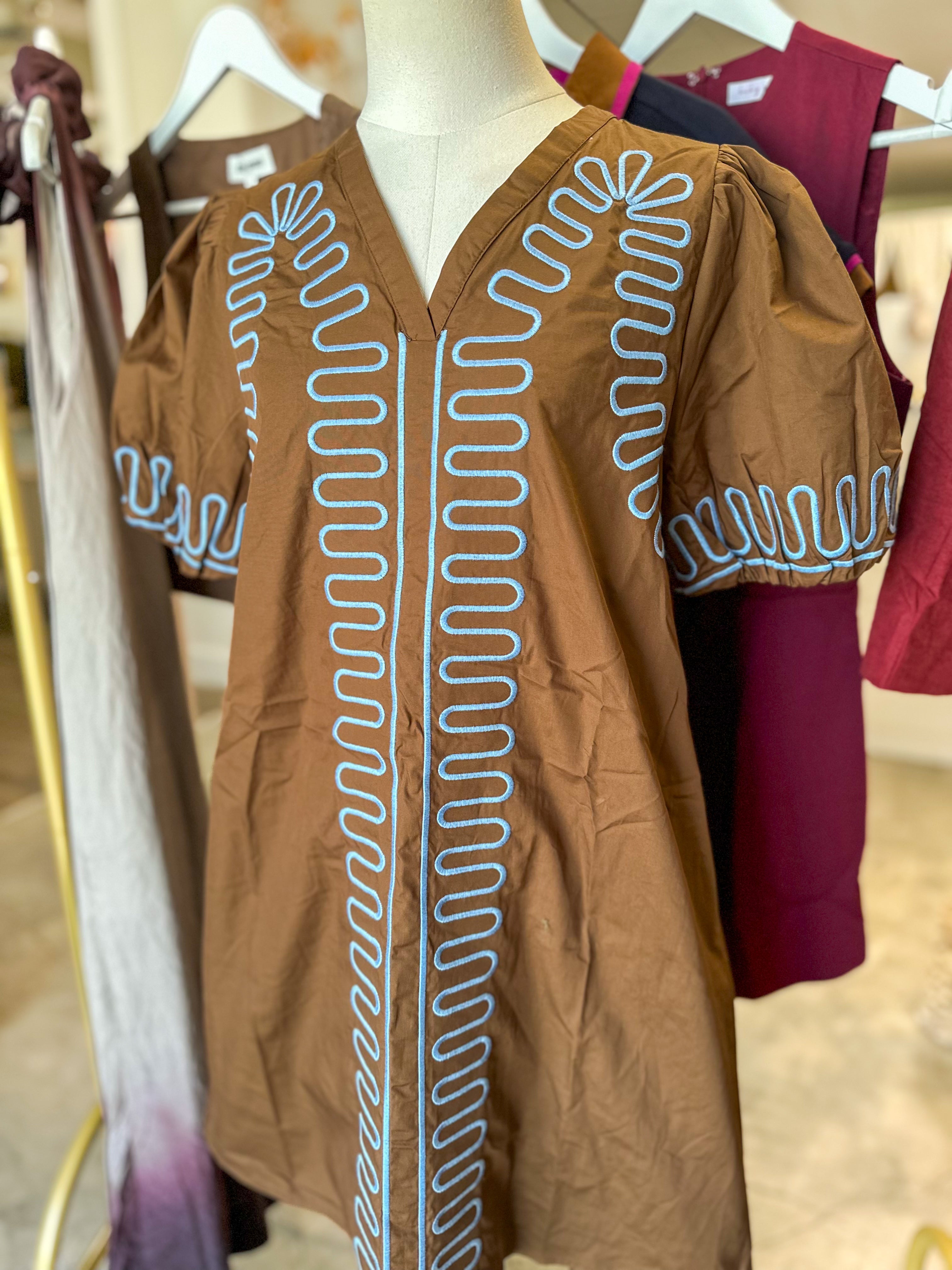 Brown/Blue Curved Stitch Mini Dress