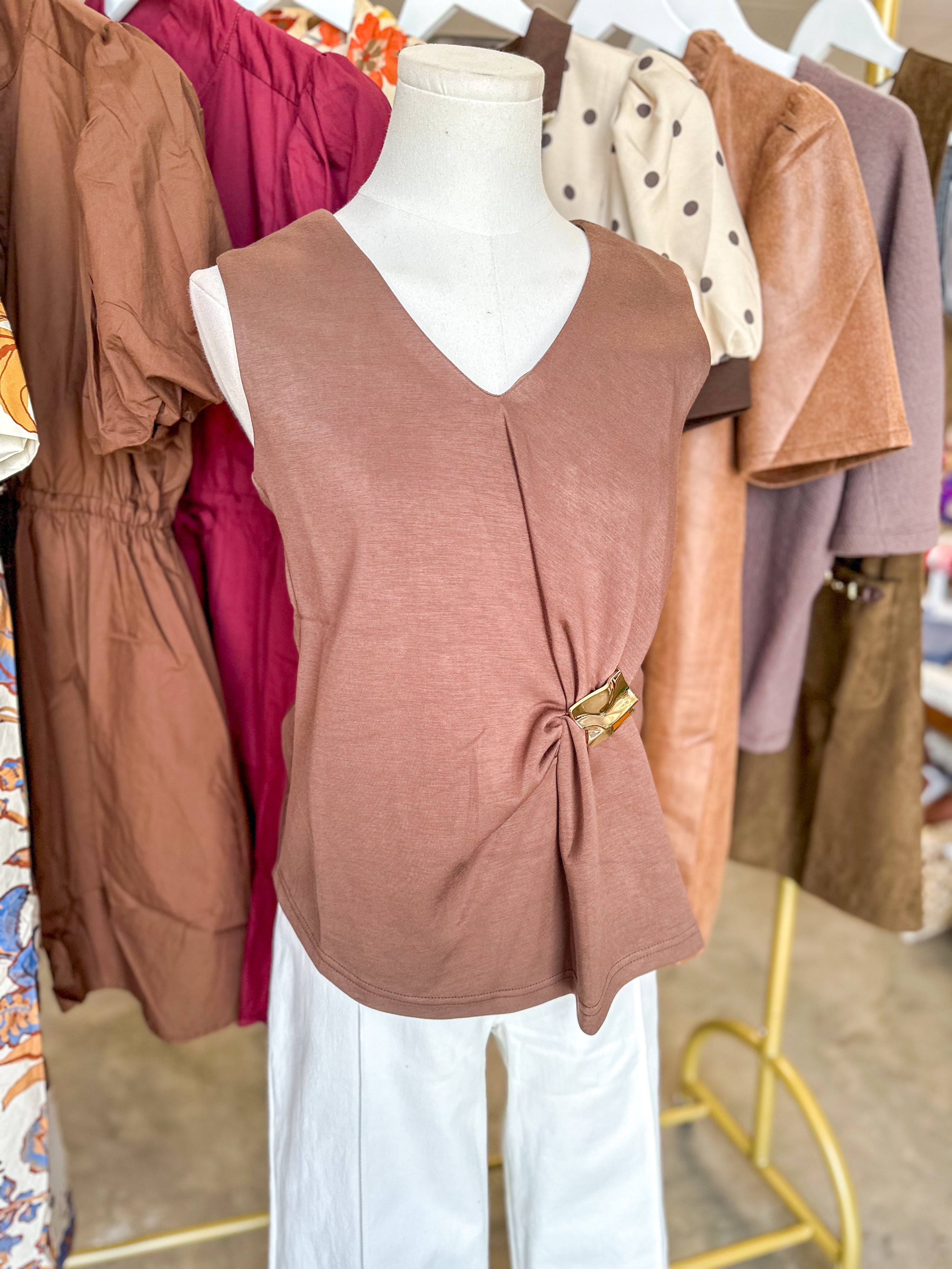Brown Gathered & Gold V-Neck Top