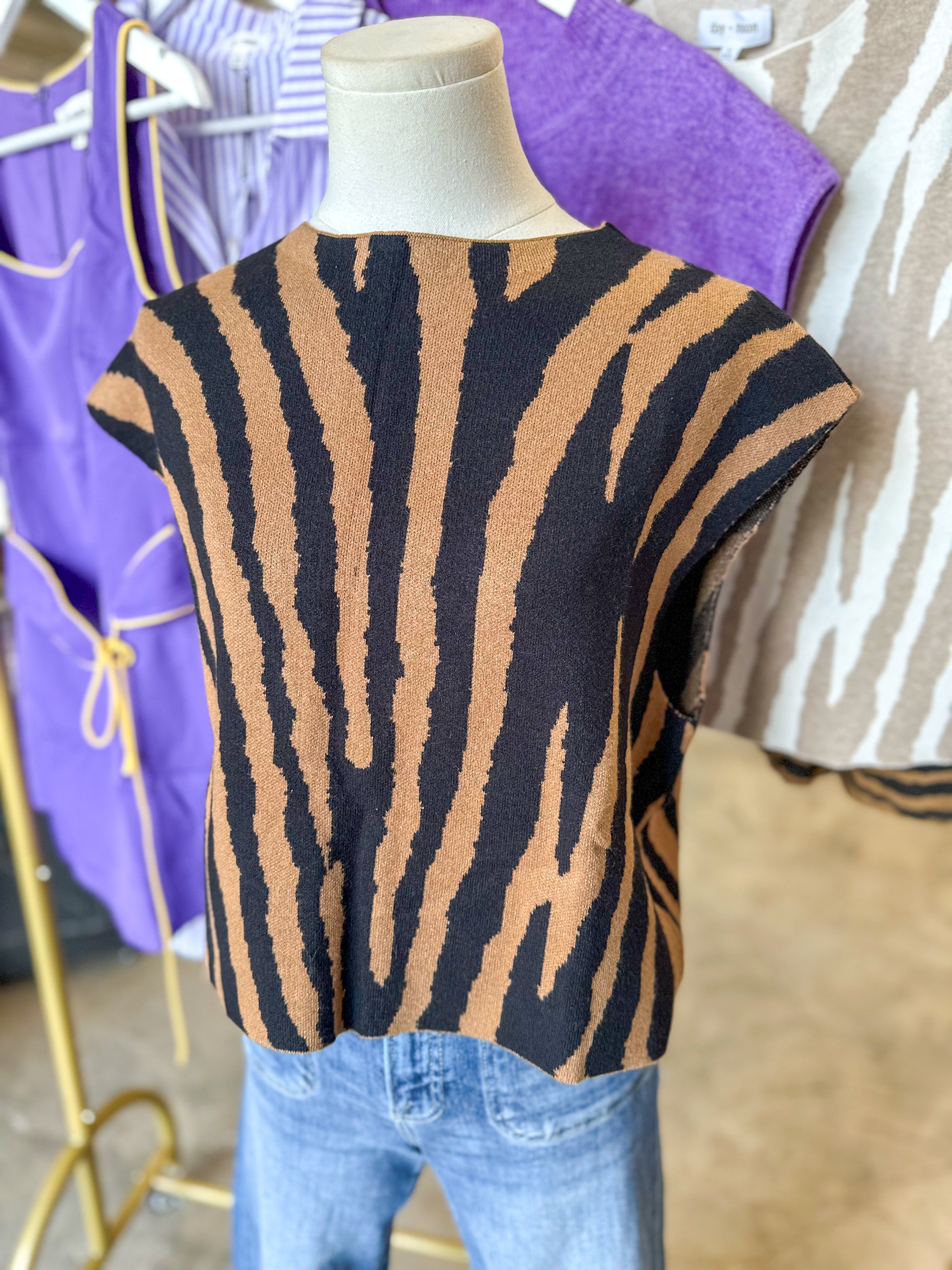 Black & Brown Tiger Stripe Boxy Mock Neck Sweater Top