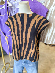 Black & Brown Tiger Stripe Boxy Mock Neck Sweater Top