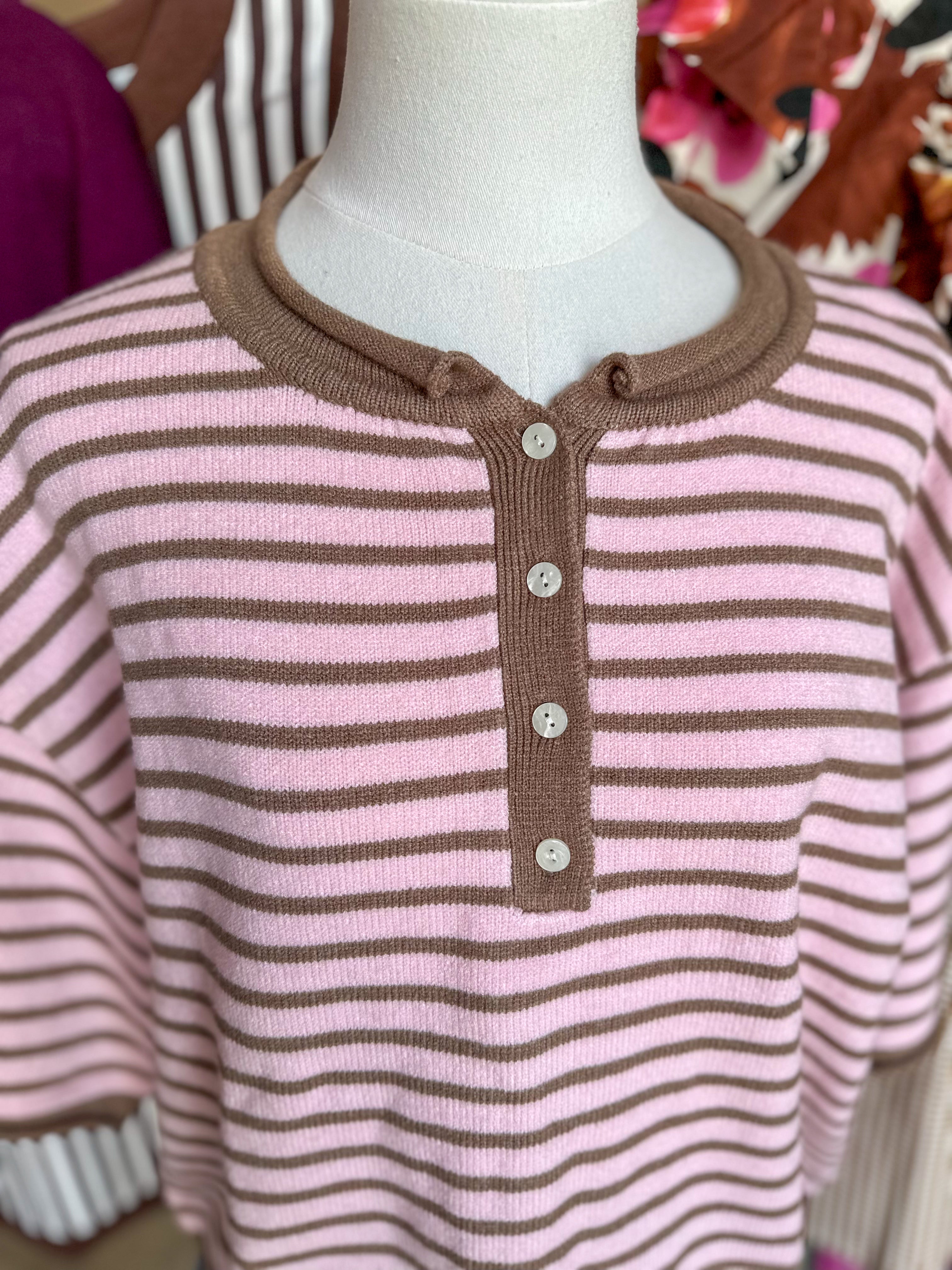 Chocolate Strawberry Striped Short Sleeve Henley Knit Top