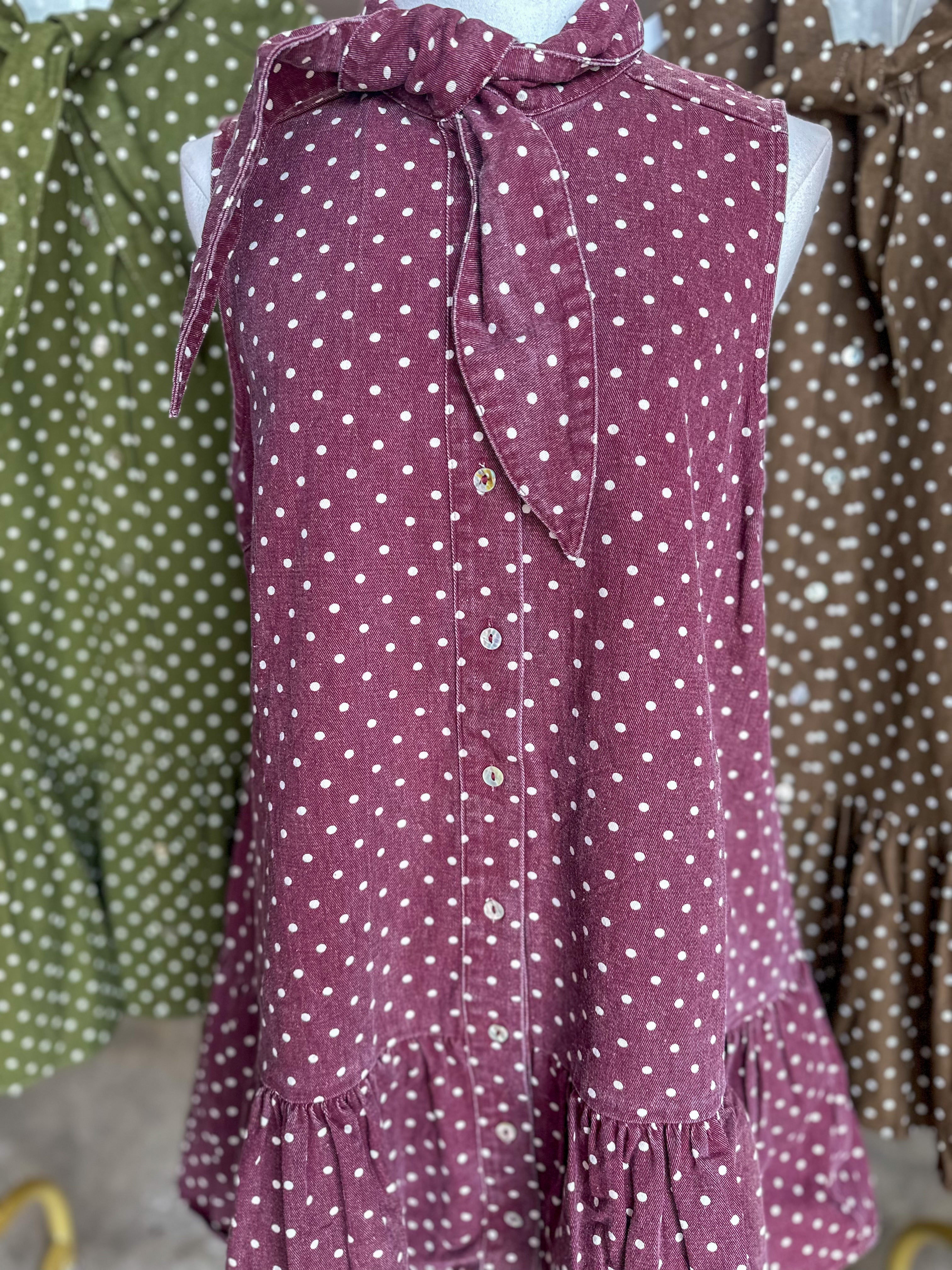 Burgundy Polished Polka Dots Tie Neck Mini Dress